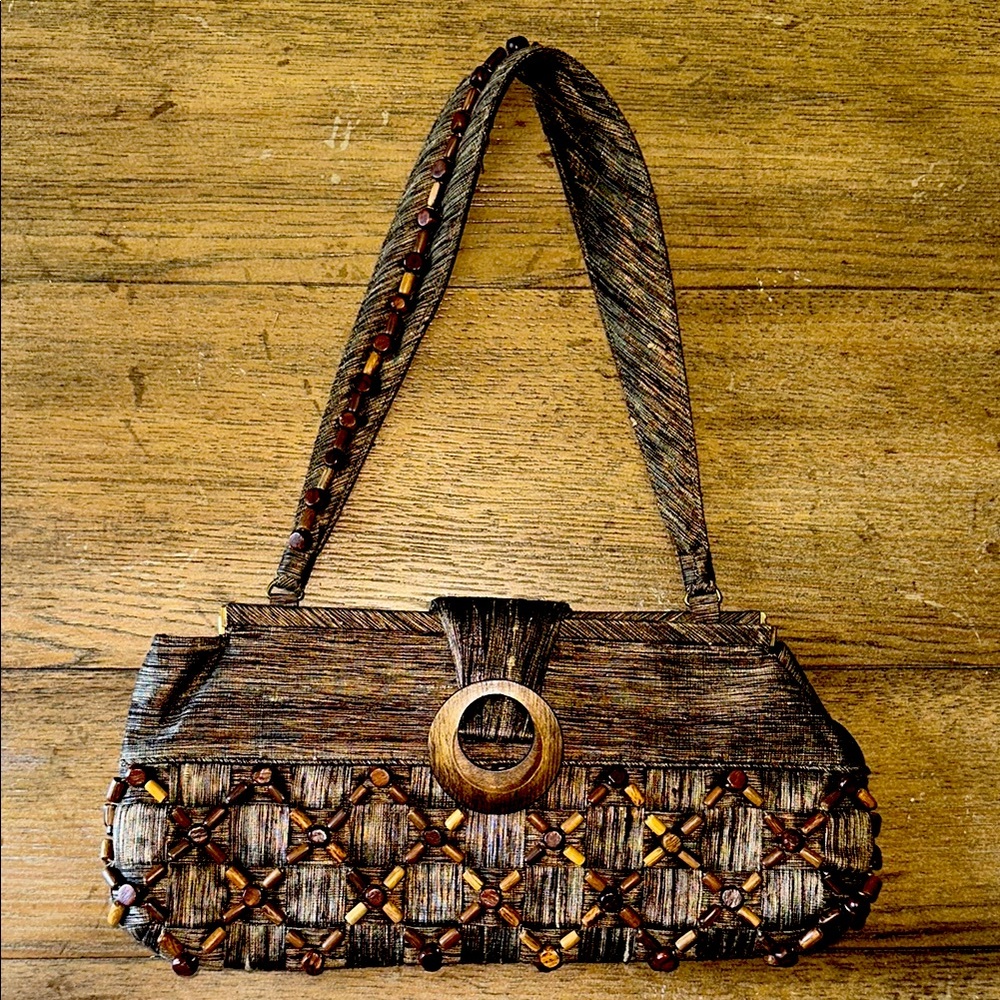 Inge Christopher Silk with Wooden Beaded Shoulder Bag Purse